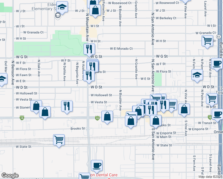 map of restaurants, bars, coffee shops, grocery stores, and more near 2 East D Street in Ontario