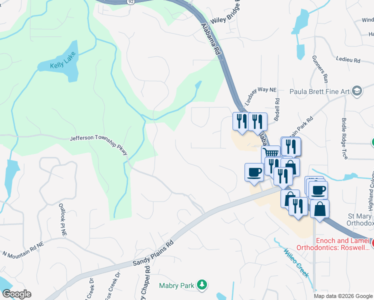 map of restaurants, bars, coffee shops, grocery stores, and more near 4178 Taloza Court Northeast in Roswell