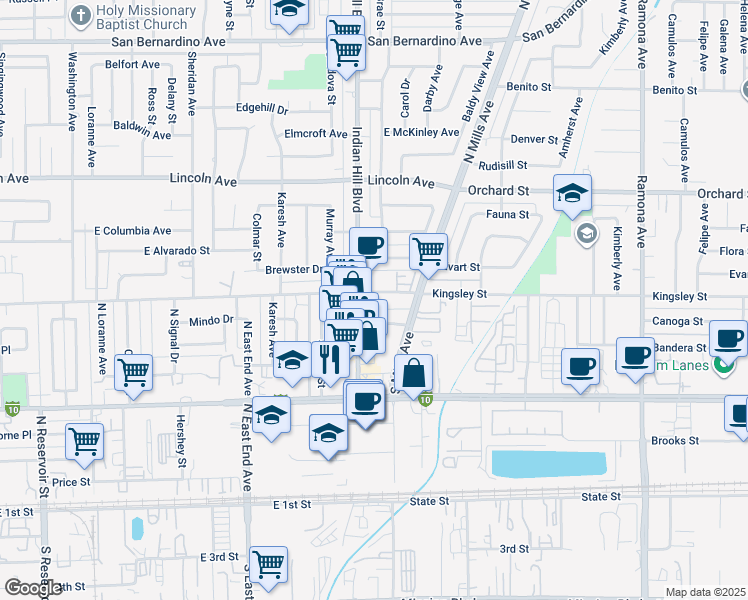 map of restaurants, bars, coffee shops, grocery stores, and more near 1626 East Kingsley Avenue in Pomona