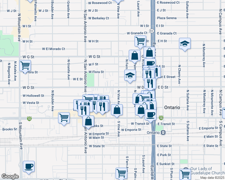 map of restaurants, bars, coffee shops, grocery stores, and more near 521 West D Street in Ontario