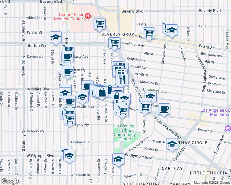 map of restaurants, bars, coffee shops, grocery stores, and more near 130 Le Doux Road in Beverly Hills