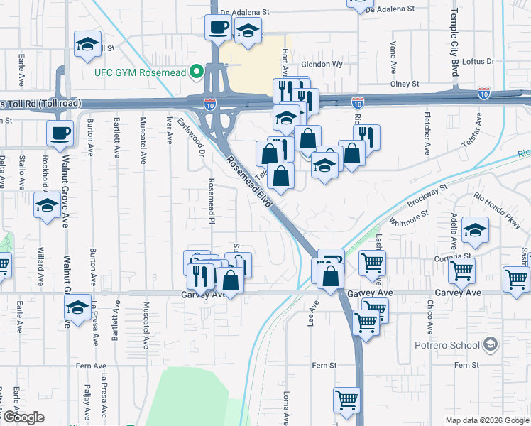 map of restaurants, bars, coffee shops, grocery stores, and more near 3242 Heglis Avenue in Rosemead