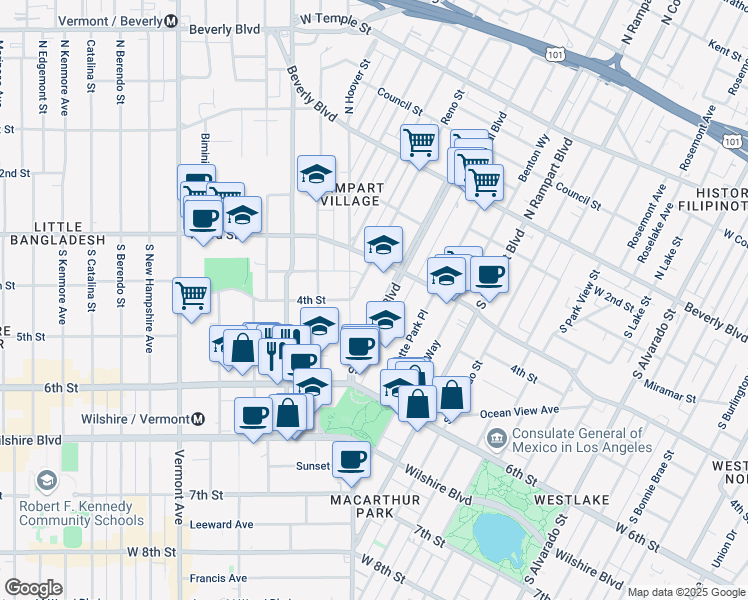 map of restaurants, bars, coffee shops, grocery stores, and more near 343 South Occidental Boulevard in Los Angeles