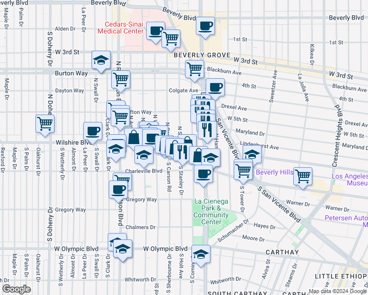 map of restaurants, bars, coffee shops, grocery stores, and more near 130 North Stanley Drive in Beverly Hills