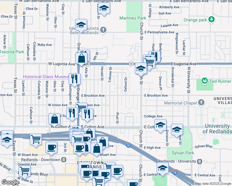 map of restaurants, bars, coffee shops, grocery stores, and more near 511 East Brockton Avenue in Redlands