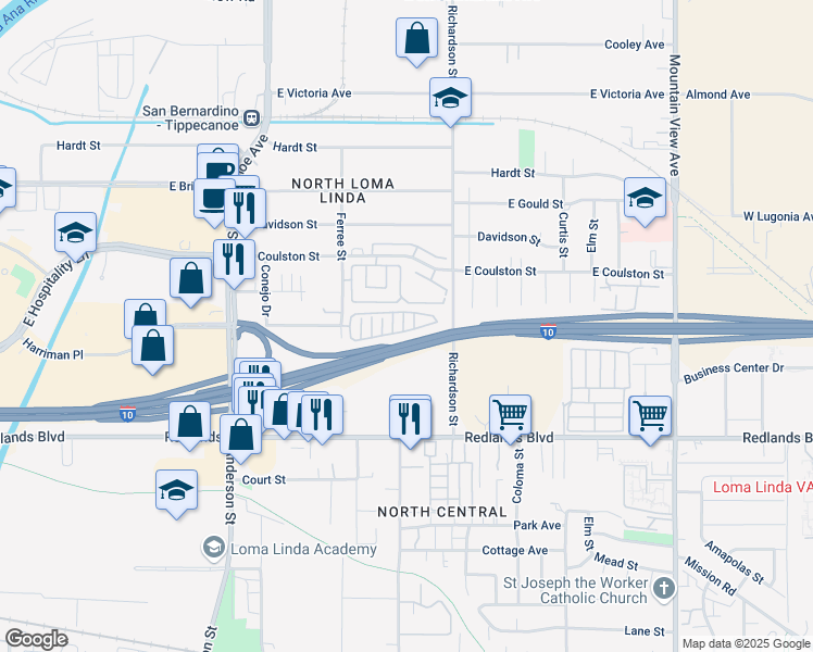map of restaurants, bars, coffee shops, grocery stores, and more near 1471 Sycamore Lane in San Bernardino