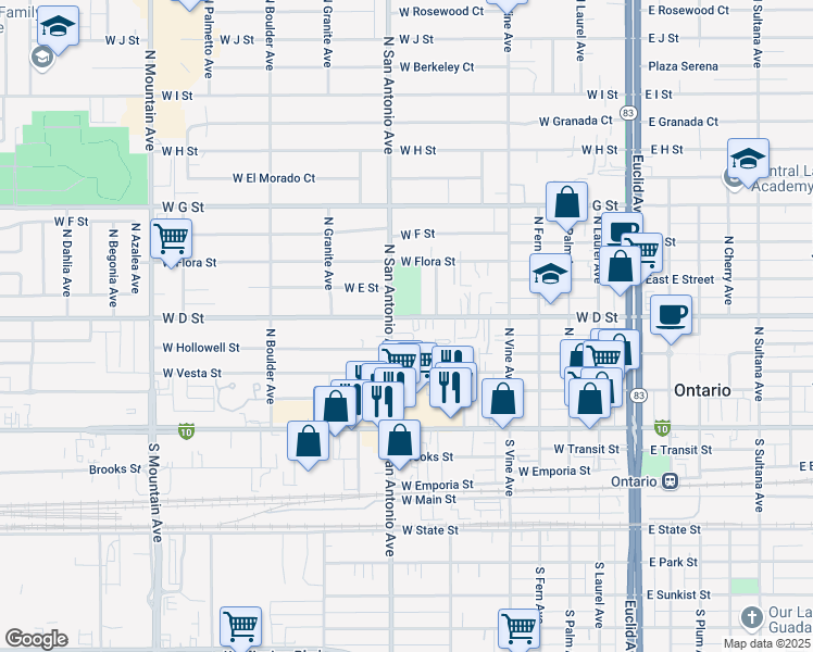 map of restaurants, bars, coffee shops, grocery stores, and more near 312 North San Antonio Avenue in Ontario