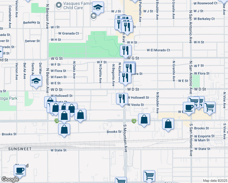 map of restaurants, bars, coffee shops, grocery stores, and more near 312 North Camellia Avenue in Ontario