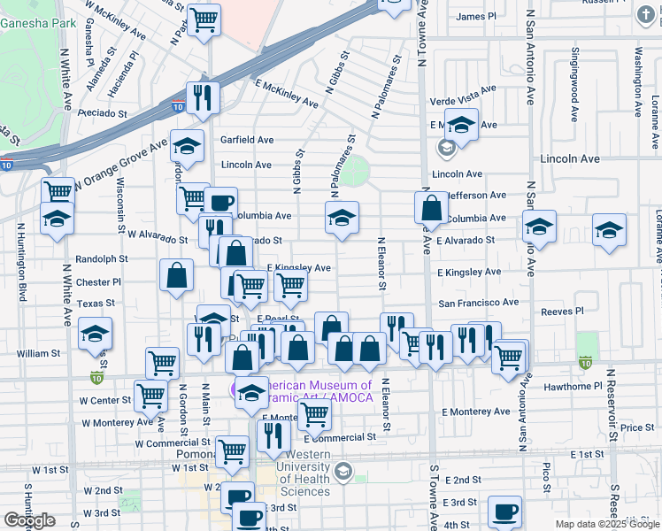 map of restaurants, bars, coffee shops, grocery stores, and more near 364 East Kingsley Avenue in Pomona