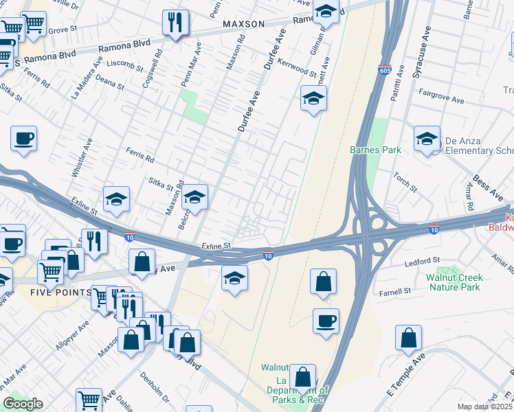 map of restaurants, bars, coffee shops, grocery stores, and more near 3594 Daybreak Street in El Monte
