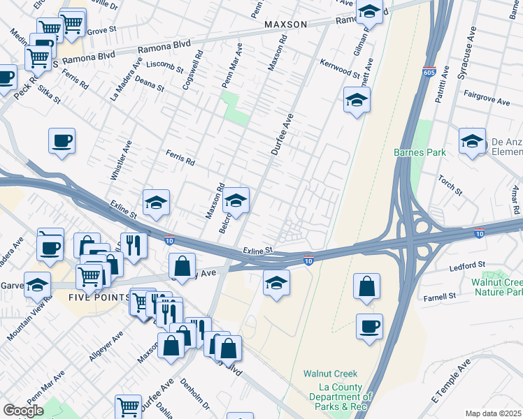 map of restaurants, bars, coffee shops, grocery stores, and more near 3524 Durfee Avenue in El Monte
