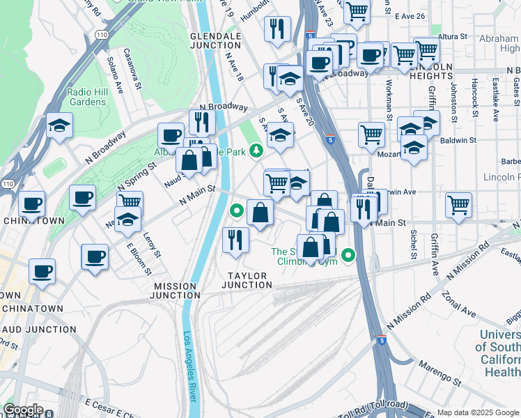map of restaurants, bars, coffee shops, grocery stores, and more near 1770 North Main Street in Los Angeles