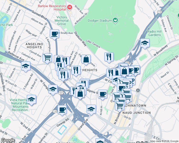 map of restaurants, bars, coffee shops, grocery stores, and more near 918 West College Street in Los Angeles