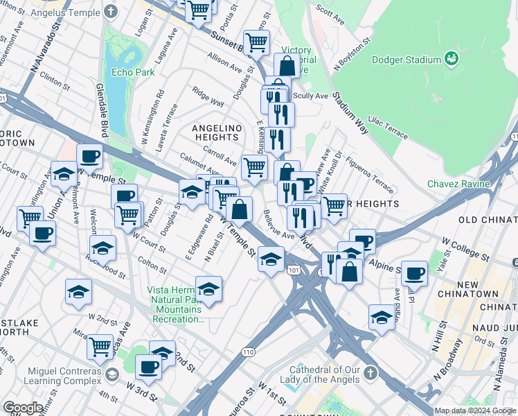 map of restaurants, bars, coffee shops, grocery stores, and more near 1225 Boston Street in Los Angeles