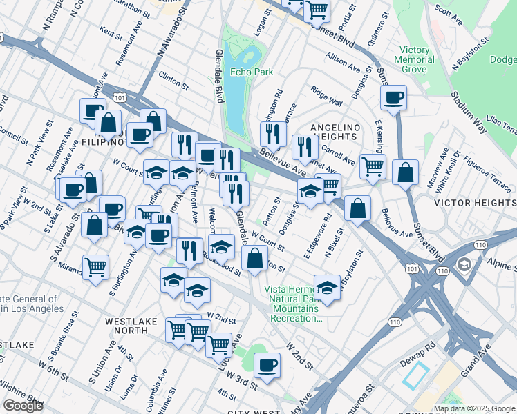 map of restaurants, bars, coffee shops, grocery stores, and more near 329 Laveta Terrace in Los Angeles