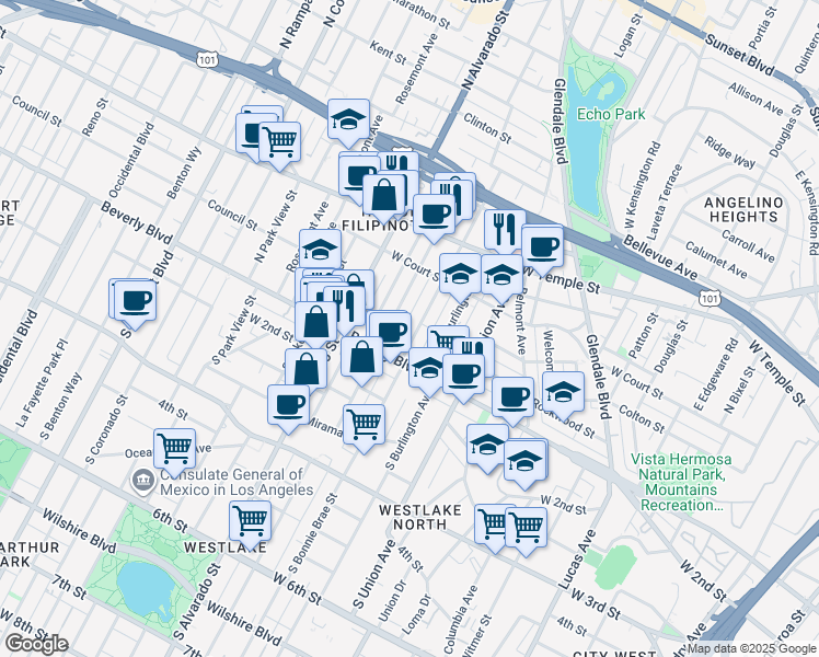 map of restaurants, bars, coffee shops, grocery stores, and more near 129 North Bonnie Brae Street in Los Angeles
