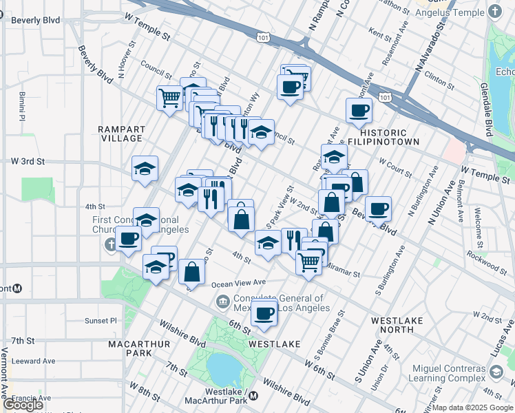map of restaurants, bars, coffee shops, grocery stores, and more near 247 South Carondelet Street in Los Angeles