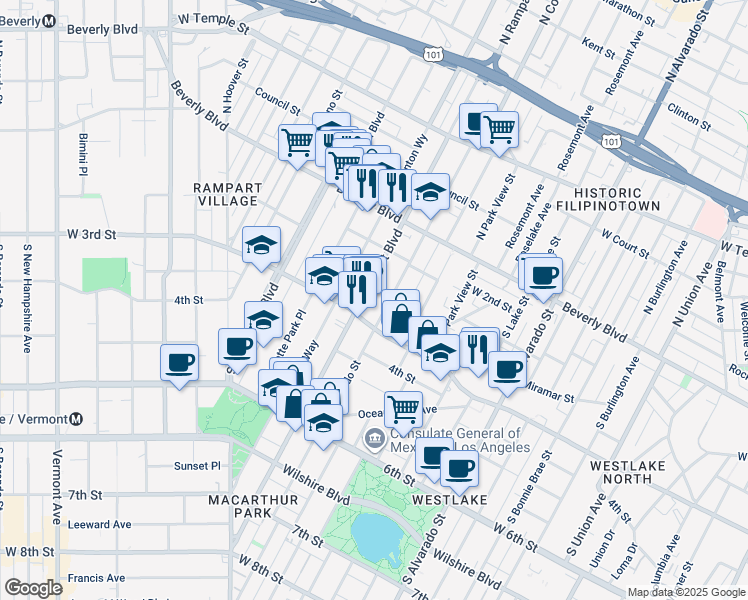 map of restaurants, bars, coffee shops, grocery stores, and more near 269 South Coronado Street in Los Angeles