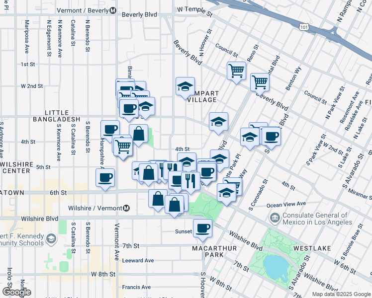 map of restaurants, bars, coffee shops, grocery stores, and more near 3028 West 4th Street in Los Angeles