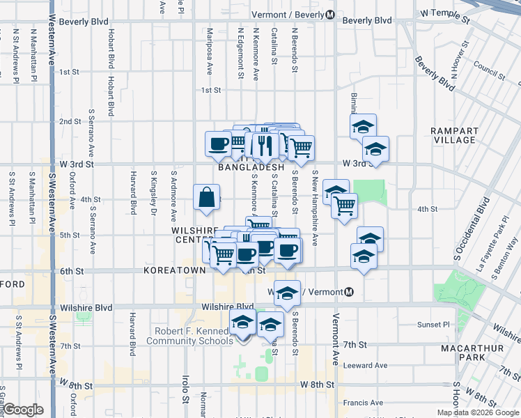 map of restaurants, bars, coffee shops, grocery stores, and more near 425 South Catalina Street in Los Angeles