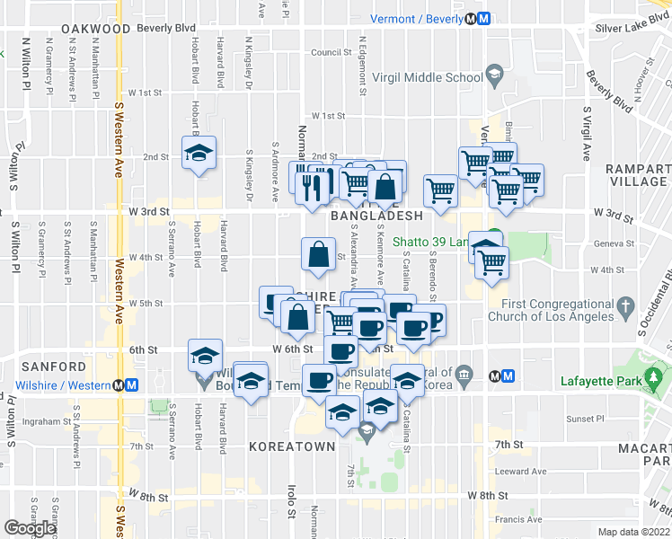 map of restaurants, bars, coffee shops, grocery stores, and more near 422 South Mariposa Avenue in Los Angeles