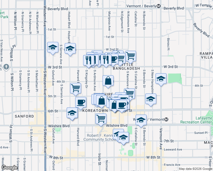 map of restaurants, bars, coffee shops, grocery stores, and more near 418 South Normandie Avenue in Los Angeles