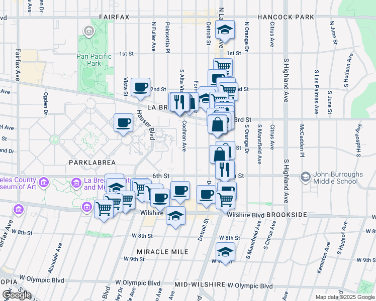 map of restaurants, bars, coffee shops, grocery stores, and more near 408 South Cochran Avenue in Los Angeles