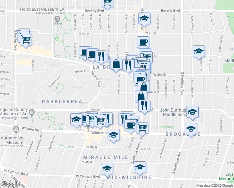 map of restaurants, bars, coffee shops, grocery stores, and more near 408 South Cochran Avenue in Los Angeles