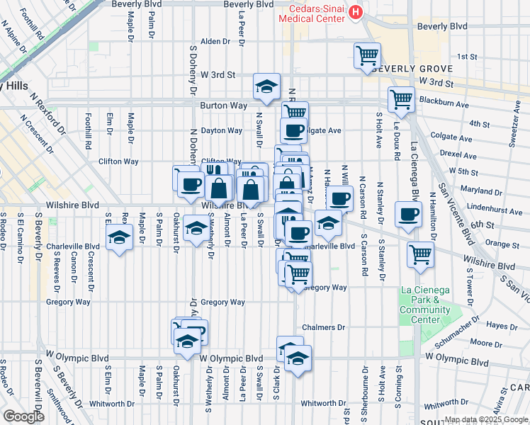 map of restaurants, bars, coffee shops, grocery stores, and more near 121 South Swall Drive in Beverly Hills