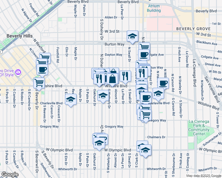 map of restaurants, bars, coffee shops, grocery stores, and more near in Beverly Hills