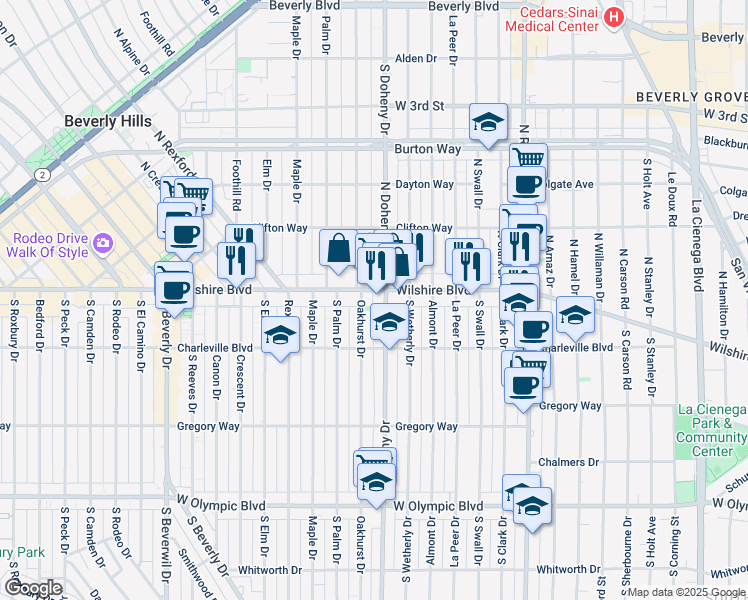 map of restaurants, bars, coffee shops, grocery stores, and more near 64 South Oakhurst Drive in Beverly Hills