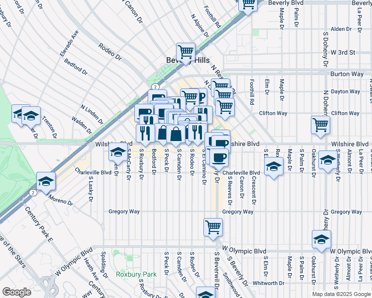map of restaurants, bars, coffee shops, grocery stores, and more near 9570 Wilshire Boulevard in Beverly Hills