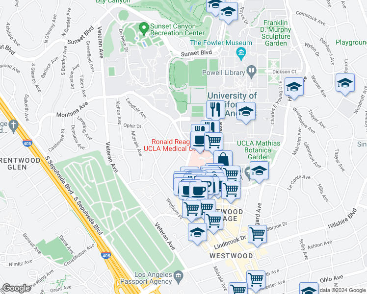 map of restaurants, bars, coffee shops, grocery stores, and more near 663 Gayley Avenue in Los Angeles