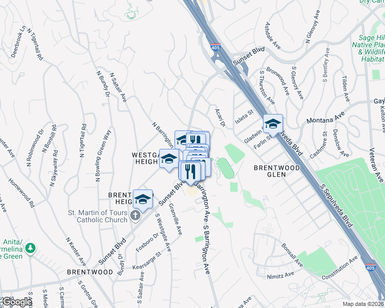 map of restaurants, bars, coffee shops, grocery stores, and more near 105 South Barrington Place in Los Angeles
