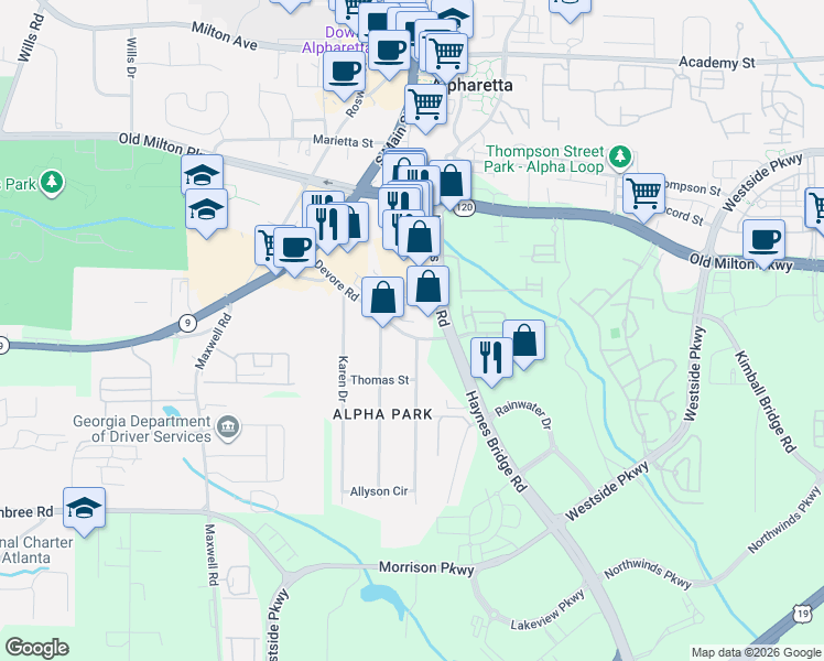 map of restaurants, bars, coffee shops, grocery stores, and more near 11700 Haynes Bridge Road in Alpharetta