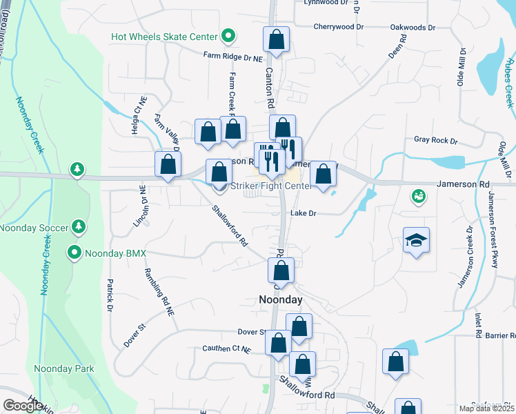 map of restaurants, bars, coffee shops, grocery stores, and more near 913 Old Noonday School Road Northeast in Marietta