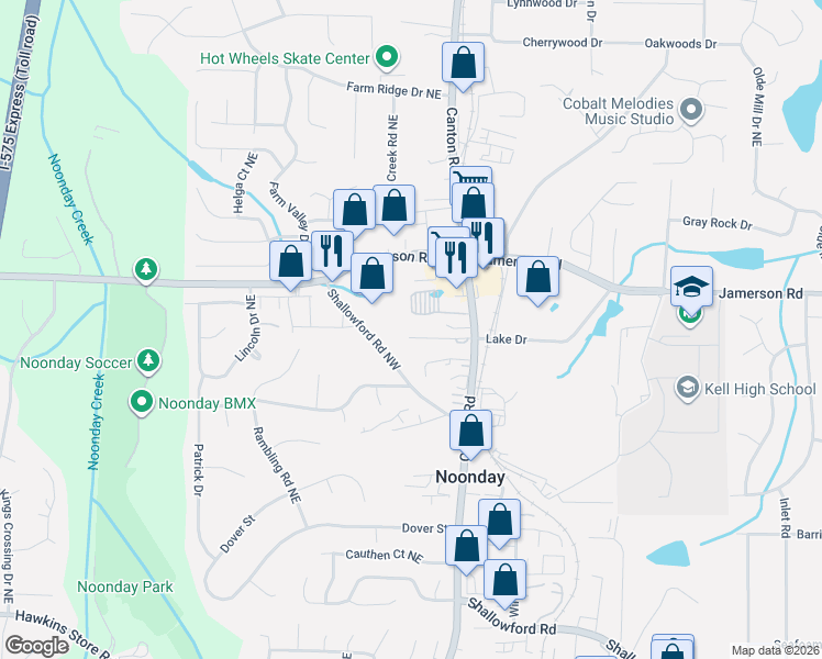 map of restaurants, bars, coffee shops, grocery stores, and more near 913 Old Noonday School Road Northeast in Marietta