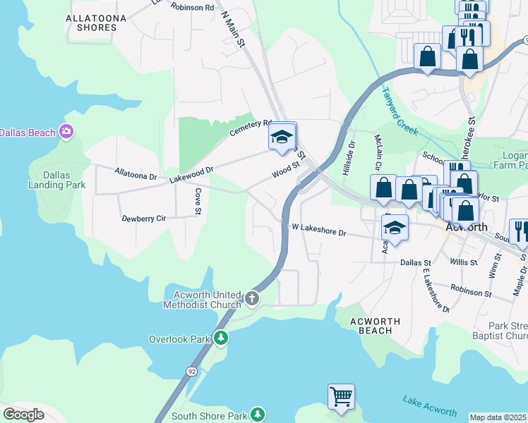 map of restaurants, bars, coffee shops, grocery stores, and more near 4721 West Lakeshore Drive in Acworth