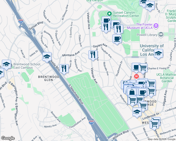 map of restaurants, bars, coffee shops, grocery stores, and more near 539 Levering Avenue in Los Angeles