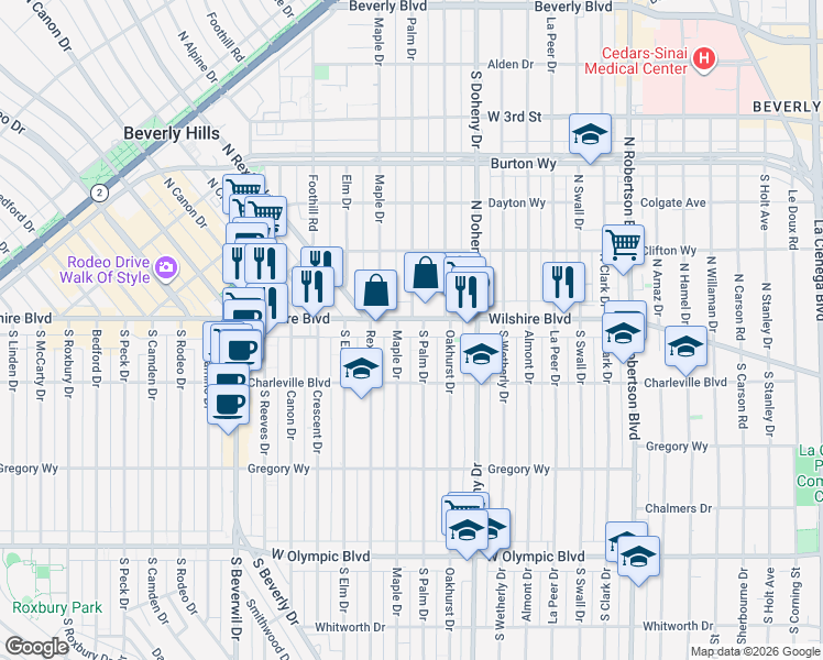 map of restaurants, bars, coffee shops, grocery stores, and more near in Beverly Hills