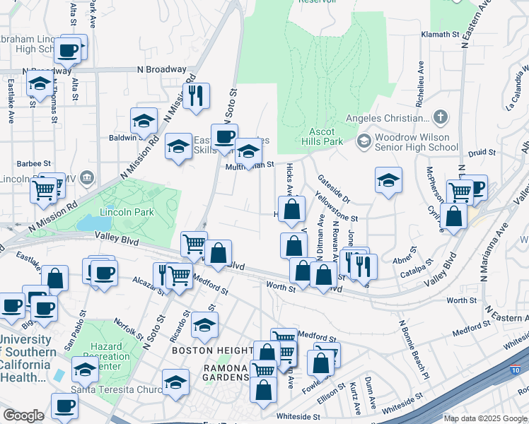 map of restaurants, bars, coffee shops, grocery stores, and more near 2000 North Indiana Avenue in Los Angeles