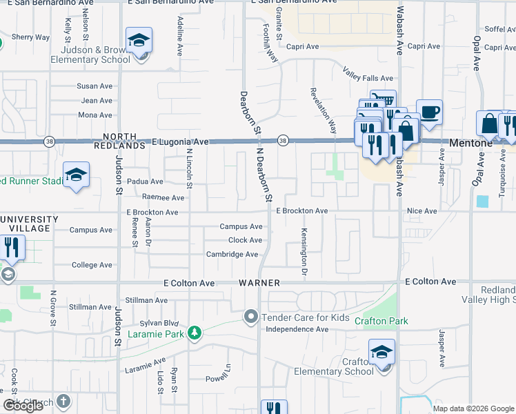 map of restaurants, bars, coffee shops, grocery stores, and more near 1602 East Brockton Avenue in Redlands