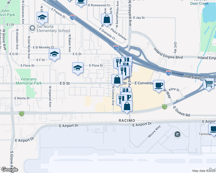 map of restaurants, bars, coffee shops, grocery stores, and more near 340 North Placer Privado in Ontario