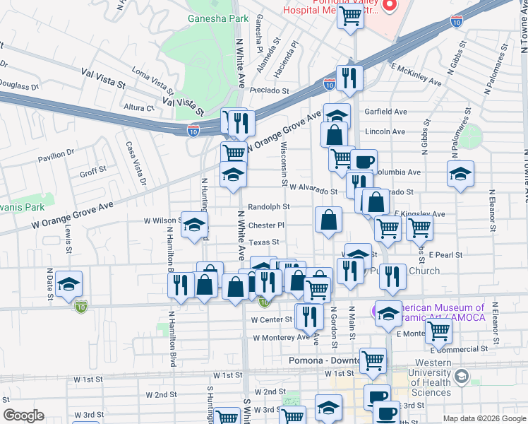 map of restaurants, bars, coffee shops, grocery stores, and more near 443 Chester Place in Pomona