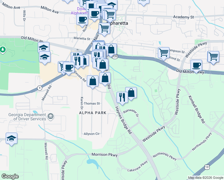 map of restaurants, bars, coffee shops, grocery stores, and more near in Alpharetta