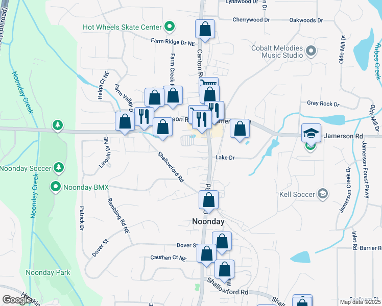 map of restaurants, bars, coffee shops, grocery stores, and more near 913 Old Noonday School Road Northeast in Marietta