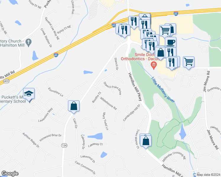 map of restaurants, bars, coffee shops, grocery stores, and more near 2158 Stancil Park Lane in Dacula