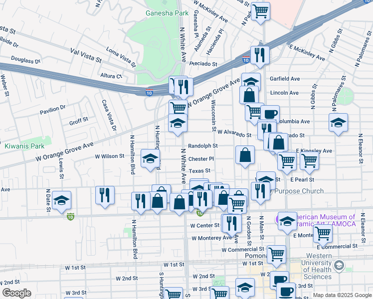 map of restaurants, bars, coffee shops, grocery stores, and more near 966 North White Avenue in Pomona