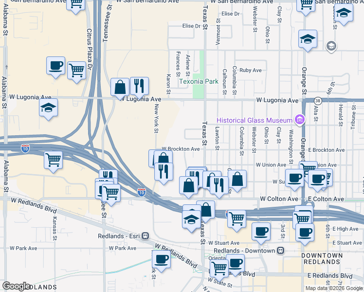 map of restaurants, bars, coffee shops, grocery stores, and more near 838 West Brockton Avenue in Redlands