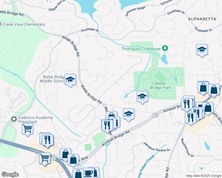 map of restaurants, bars, coffee shops, grocery stores, and more near 6371 Maid Marion Close in Alpharetta